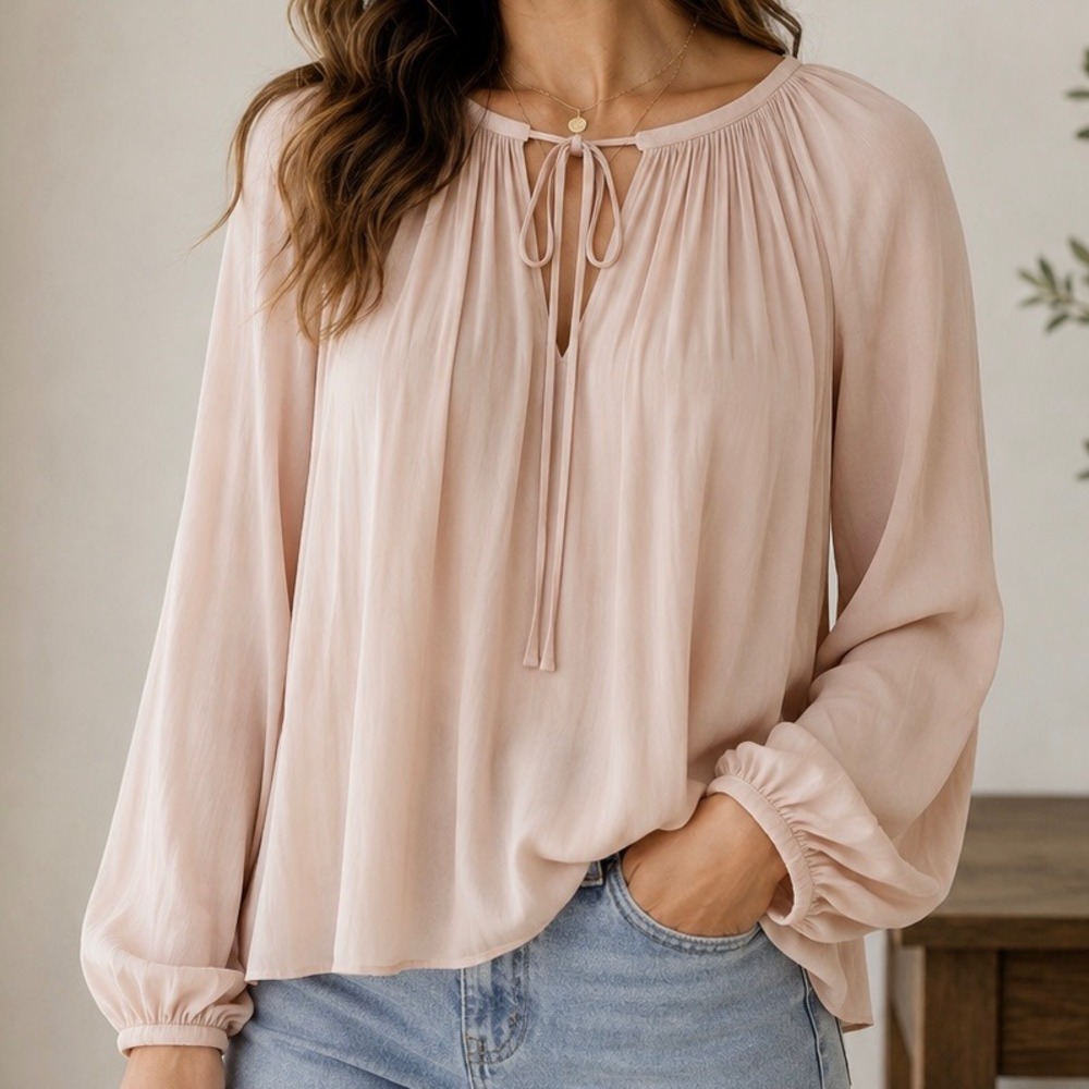 Ramy Brook Nude Blush Pink Tie Front Peasant Blouse Balloon Sleeve Large
